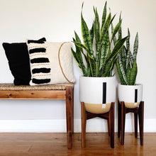 A set of round planters in various sizes, with a two-tone design, placed on a floor next to a bench and pillows. They are filled with green plants, and the planters are in shades of white and beige.