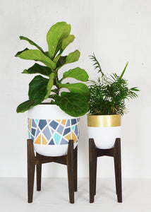 PAIR OF HAND PAINTED PLANTER POTS IN DARK WALNUT RETRO PLANT STANDS